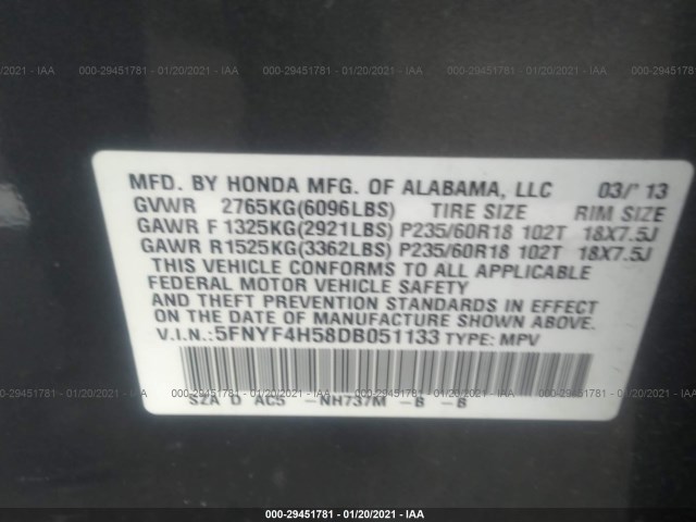 Photo 8 VIN: 5FNYF4H58DB051133 - HONDA PILOT 