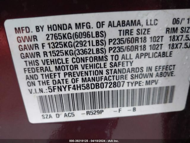 Photo 8 VIN: 5FNYF4H58DB072807 - HONDA PILOT 