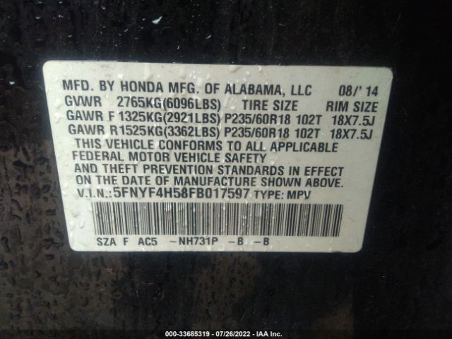 Photo 8 VIN: 5FNYF4H58FB017597 - HONDA PILOT 