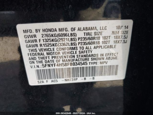 Photo 8 VIN: 5FNYF4H58FB034545 - HONDA PILOT 