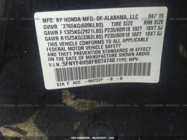 Photo 8 VIN: 5FNYF4H58FB074740 - HONDA PILOT 