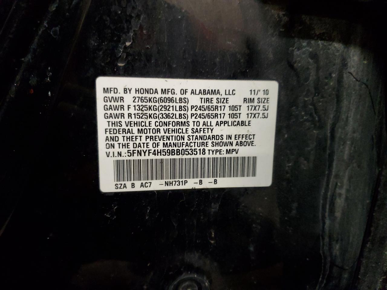 Photo 11 VIN: 5FNYF4H59BB053518 - HONDA PILOT 