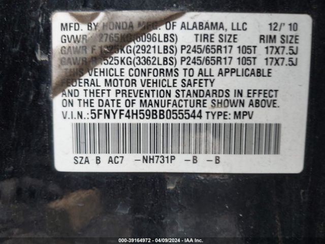 Photo 8 VIN: 5FNYF4H59BB055544 - HONDA PILOT 