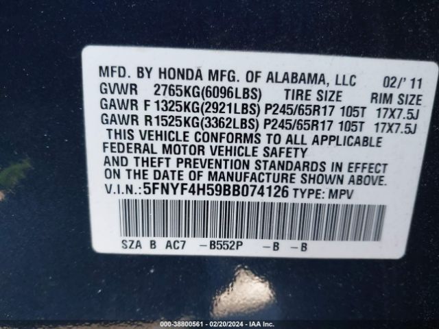 Photo 8 VIN: 5FNYF4H59BB074126 - HONDA PILOT 