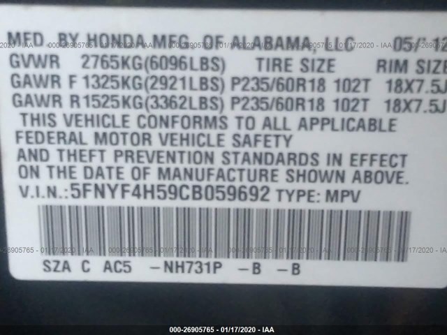 Photo 8 VIN: 5FNYF4H59CB059692 - HONDA PILOT 