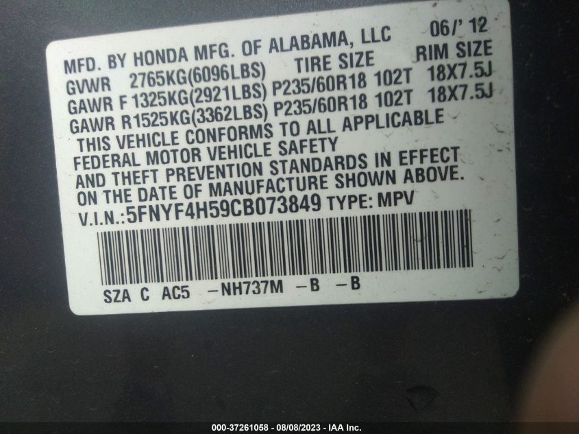 Photo 8 VIN: 5FNYF4H59CB073849 - HONDA PILOT 