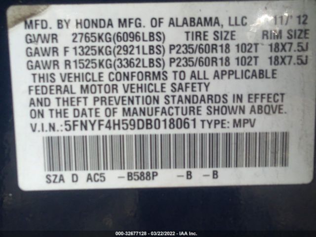 Photo 8 VIN: 5FNYF4H59DB018061 - HONDA PILOT 