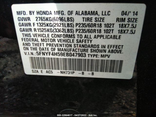 Photo 8 VIN: 5FNYF4H59EB047903 - HONDA PILOT 