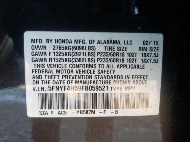 Photo 9 VIN: 5FNYF4H59FB059521 - HONDA PILOT EXL 