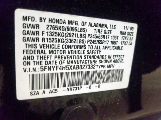 Photo 9 VIN: 5FNYF4H5XAB027332 - HONDA PILOT EXL 