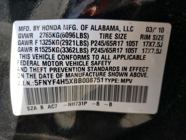 Photo 9 VIN: 5FNYF4H5XBB008751 - HONDA PILOT EXL 