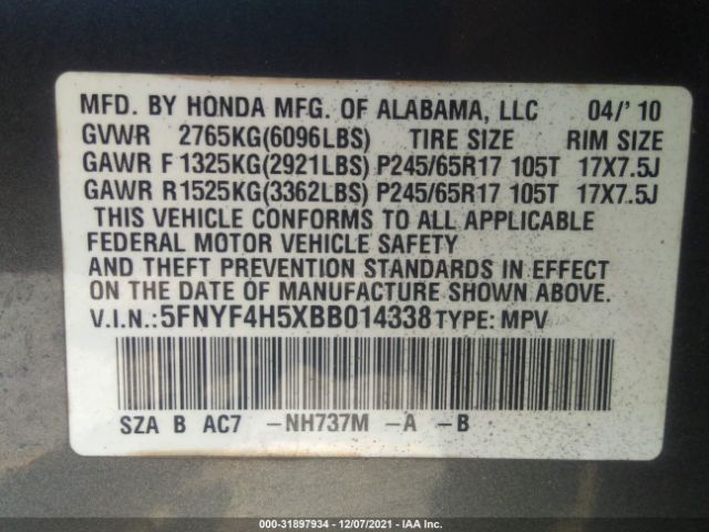 Photo 8 VIN: 5FNYF4H5XBB014338 - HONDA PILOT 