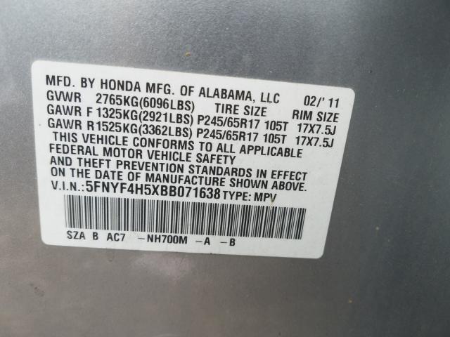 Photo 9 VIN: 5FNYF4H5XBB071638 - HONDA PILOT EXL 