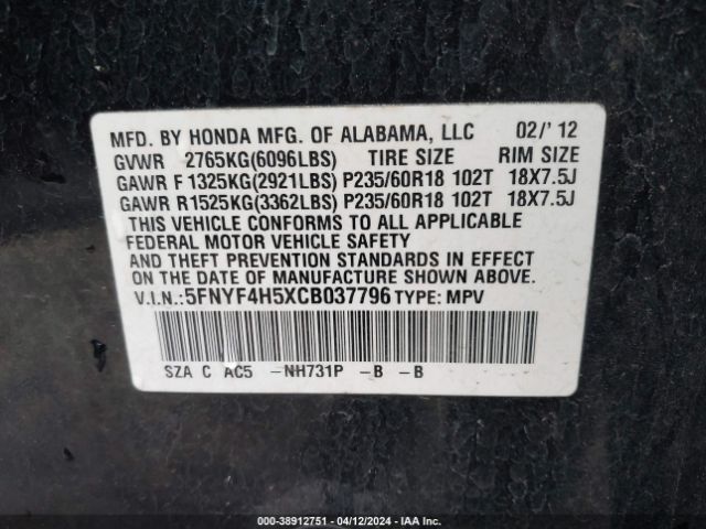 Photo 8 VIN: 5FNYF4H5XCB037796 - HONDA PILOT 