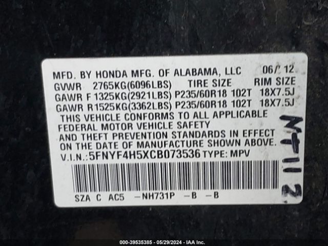 Photo 8 VIN: 5FNYF4H5XCB073536 - HONDA PILOT 