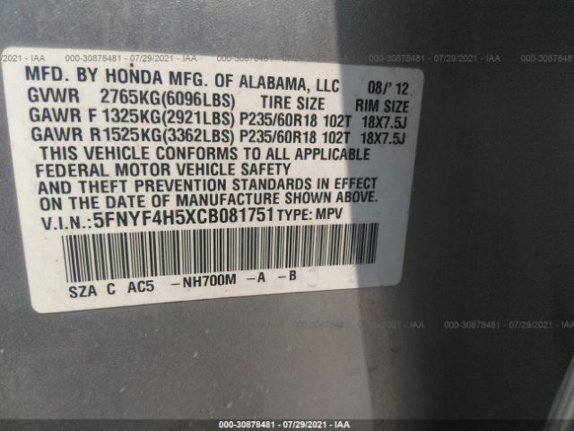 Photo 8 VIN: 5FNYF4H5XCB081751 - HONDA PILOT 