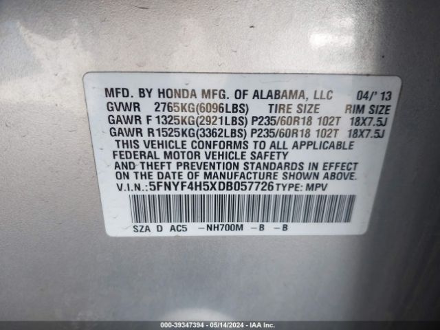 Photo 8 VIN: 5FNYF4H5XDB057726 - HONDA PILOT 