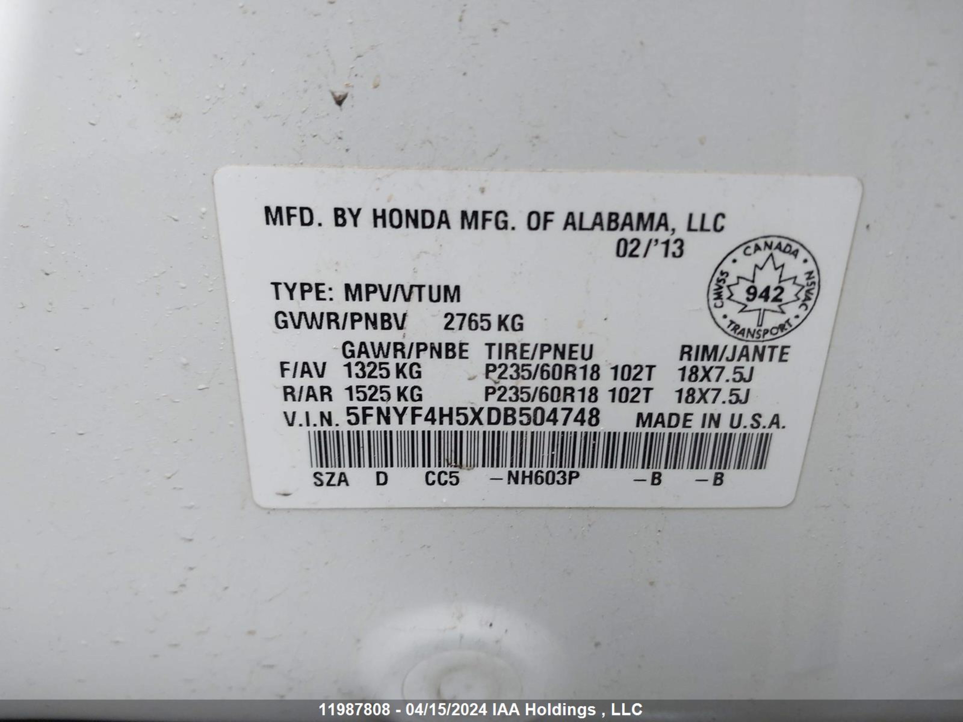 Photo 8 VIN: 5FNYF4H5XDB504748 - HONDA PILOT 