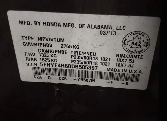 Photo 8 VIN: 5FNYF4H60DB505397 - HONDA PILOT 