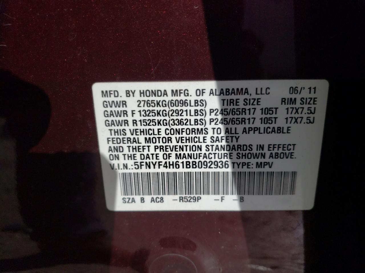 Photo 12 VIN: 5FNYF4H61BB092936 - HONDA PILOT 