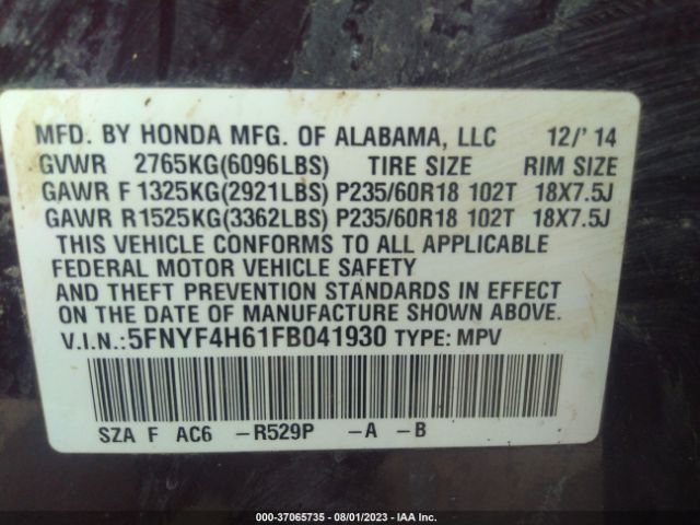 Photo 8 VIN: 5FNYF4H61FB041930 - HONDA PILOT 