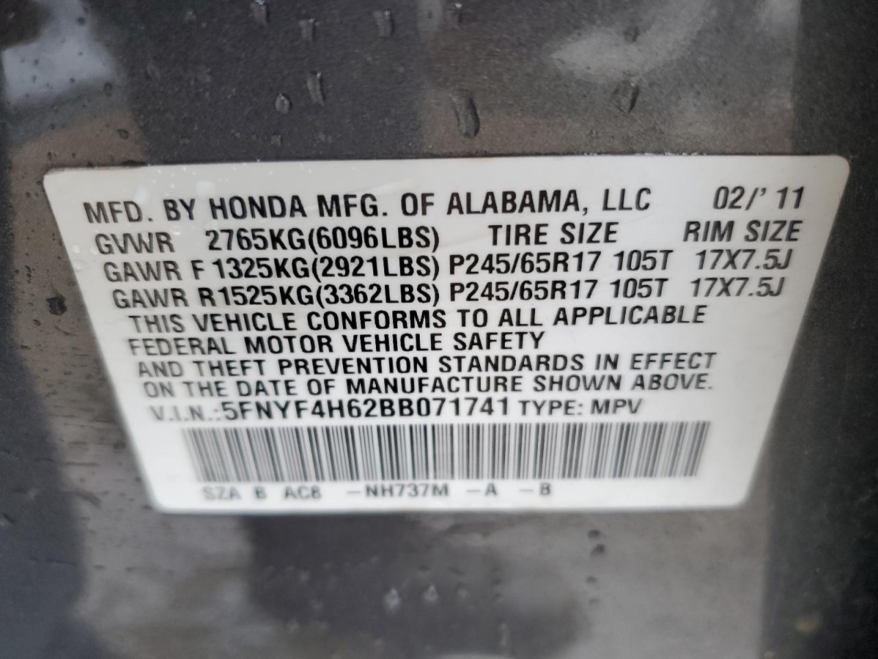 Photo 12 VIN: 5FNYF4H62BB071741 - HONDA PILOT 