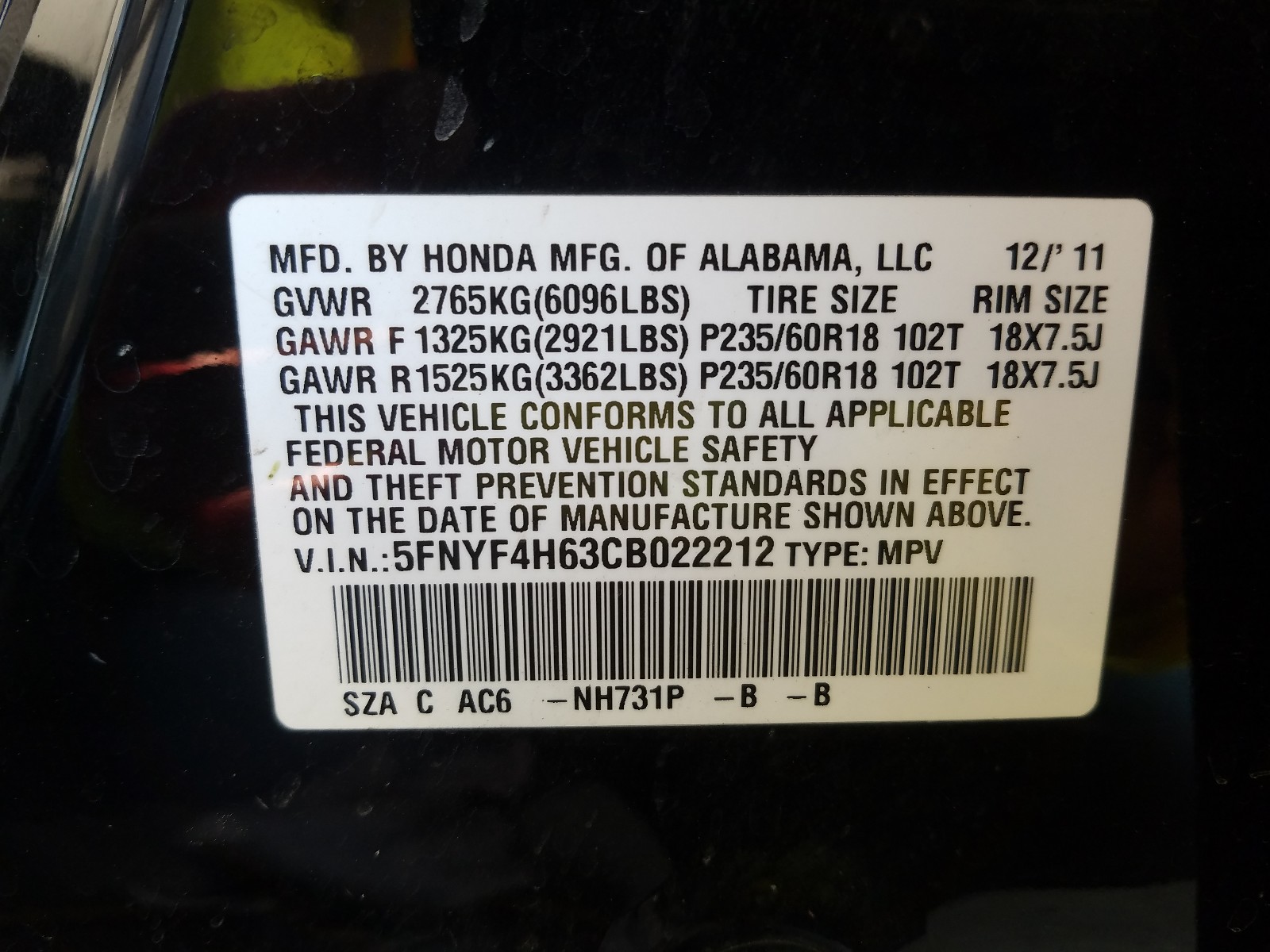 Photo 9 VIN: 5FNYF4H63CB022212 - HONDA PILOT EXL 