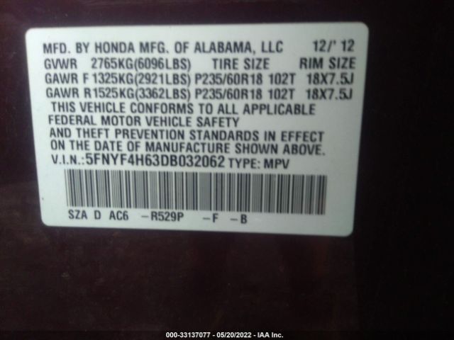 Photo 8 VIN: 5FNYF4H63DB032062 - HONDA PILOT 