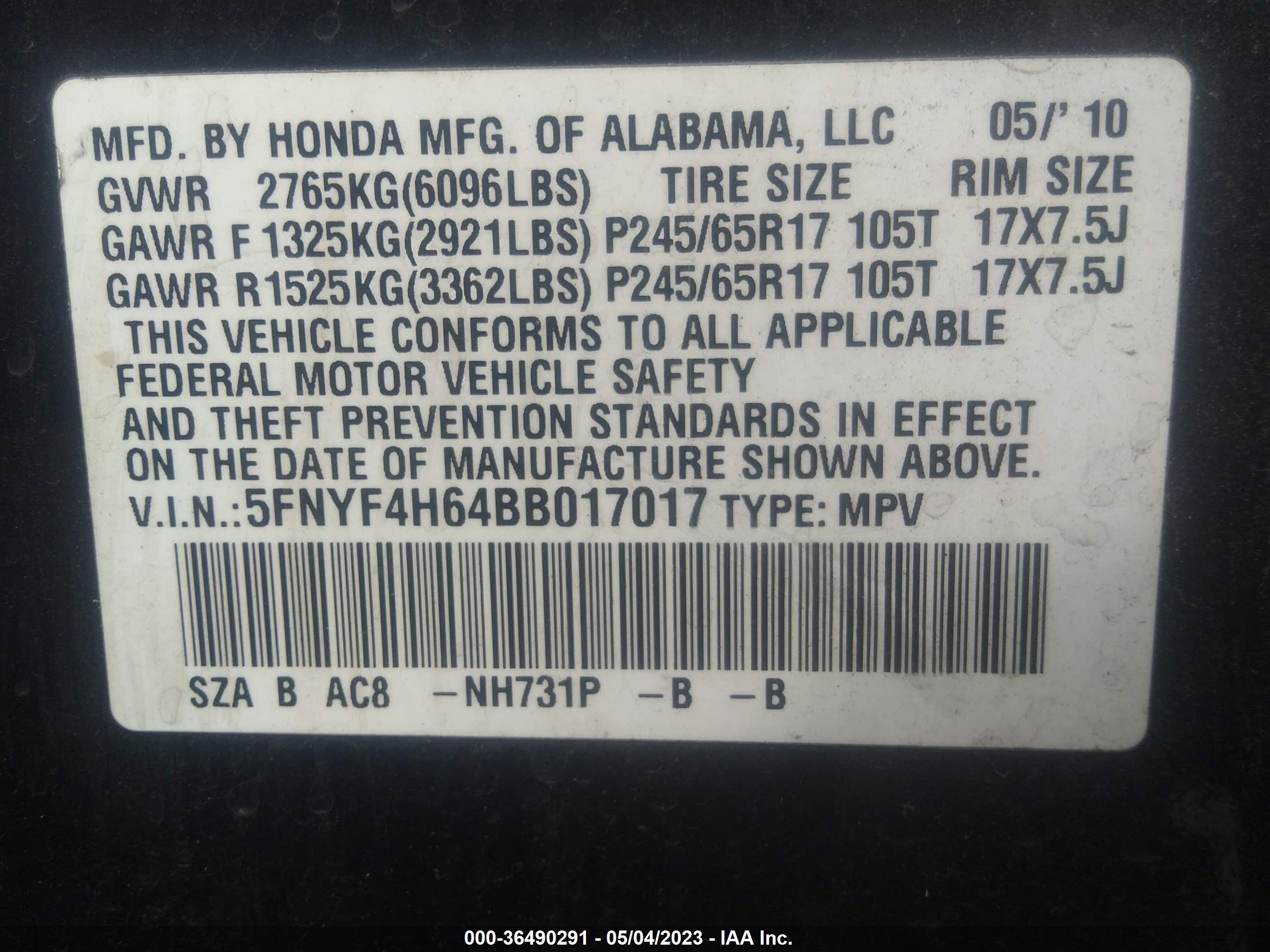 Photo 8 VIN: 5FNYF4H64BB017017 - HONDA PILOT 