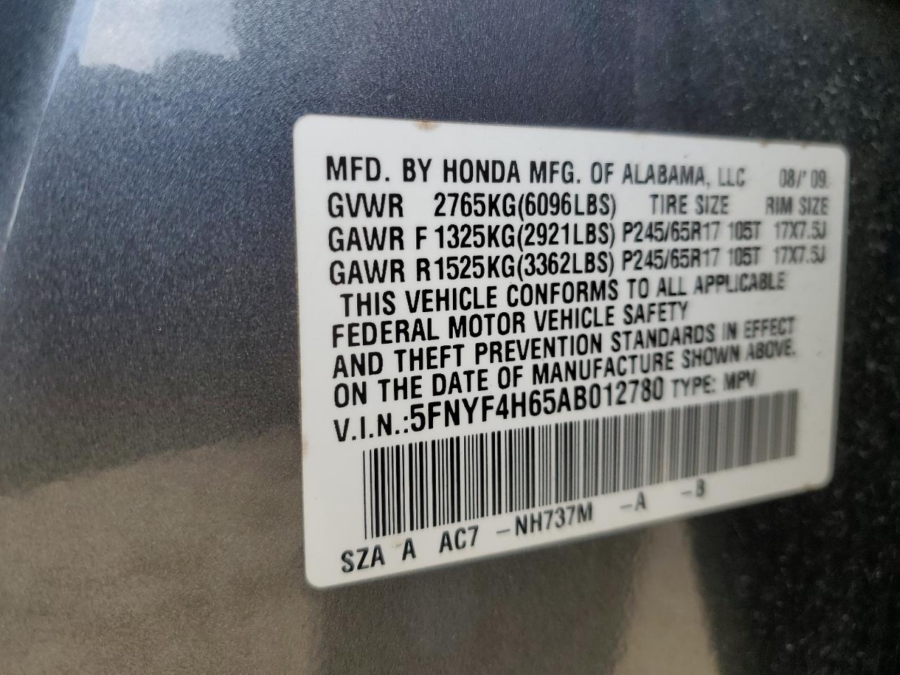 Photo 12 VIN: 5FNYF4H65AB012780 - HONDA PILOT 