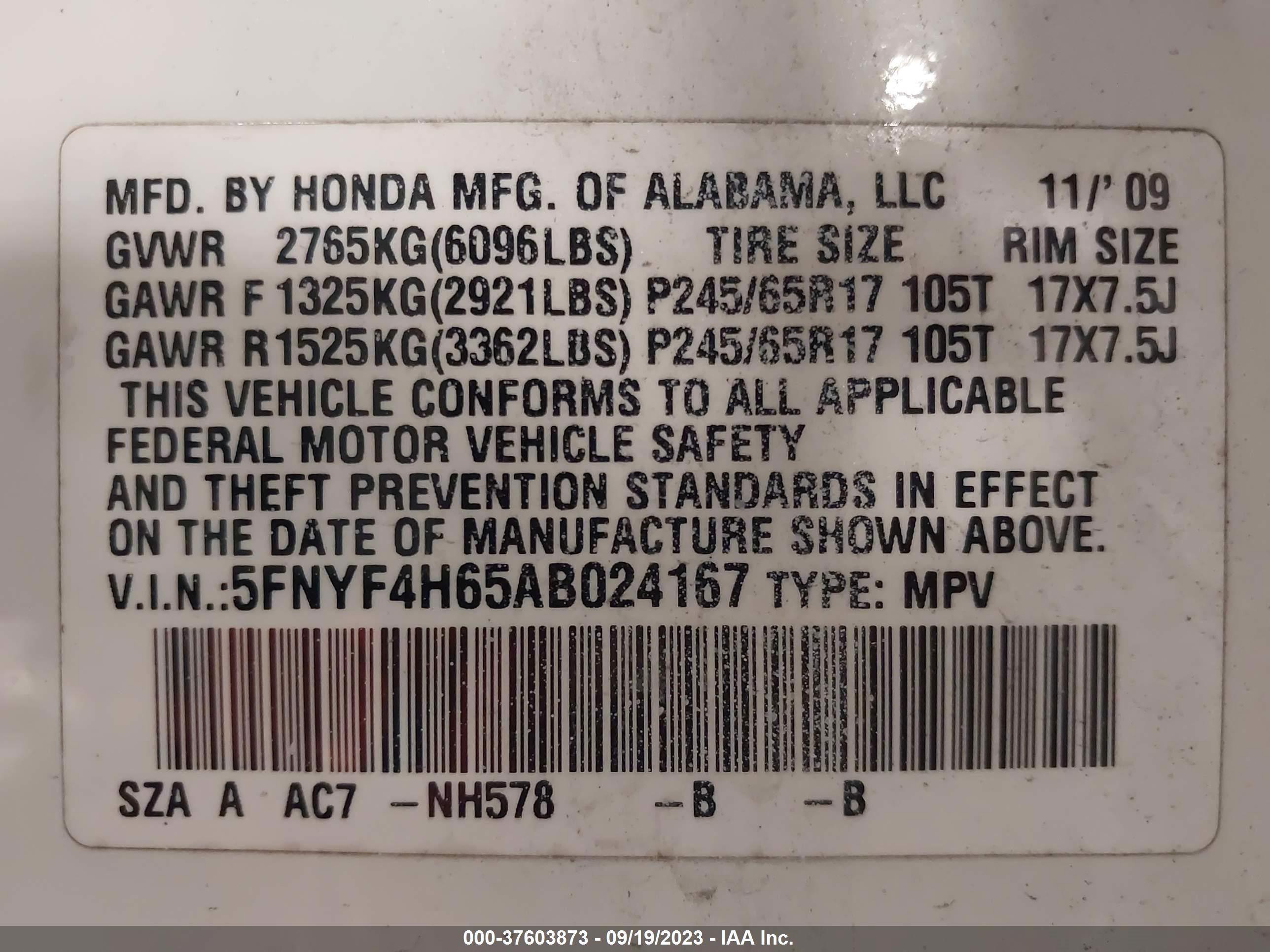 Photo 8 VIN: 5FNYF4H65AB024167 - HONDA PILOT 