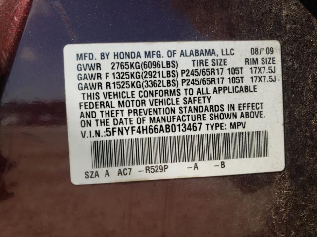 Photo 9 VIN: 5FNYF4H66AB013467 - HONDA PILOT EXL 