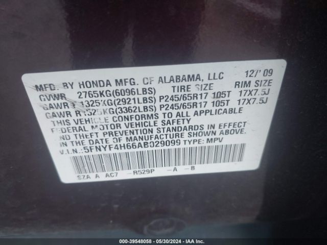 Photo 8 VIN: 5FNYF4H66AB029099 - HONDA PILOT 