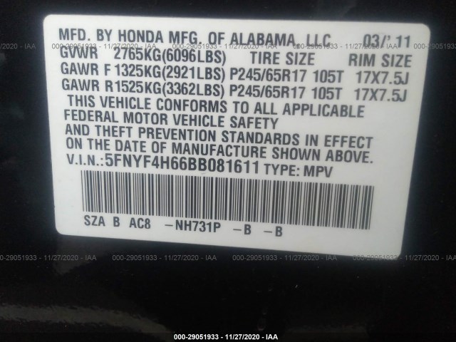 Photo 8 VIN: 5FNYF4H66BB081611 - HONDA PILOT 