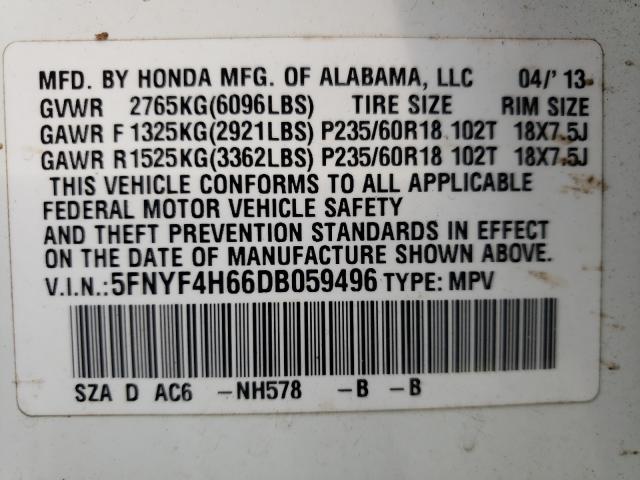 Photo 9 VIN: 5FNYF4H66DB059496 - HONDA PILOT EXL 