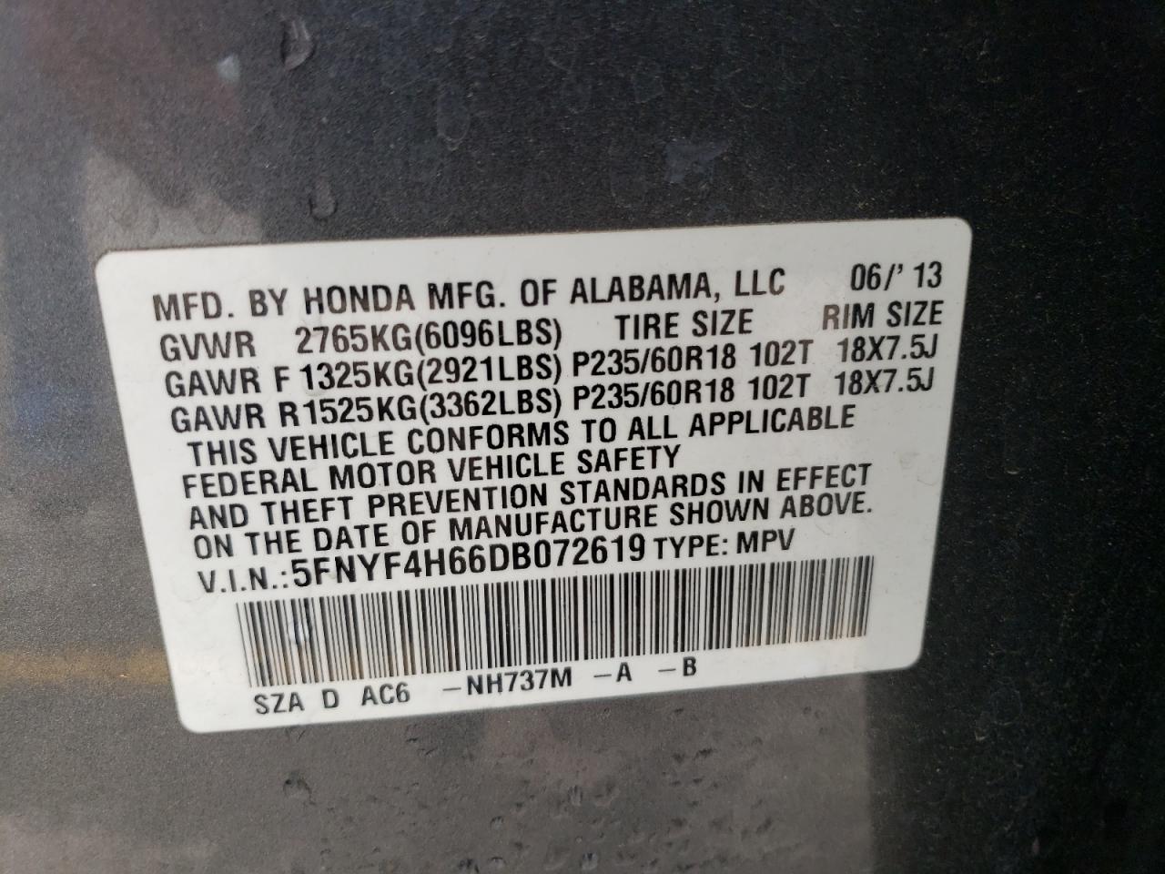 Photo 12 VIN: 5FNYF4H66DB072619 - HONDA PILOT 