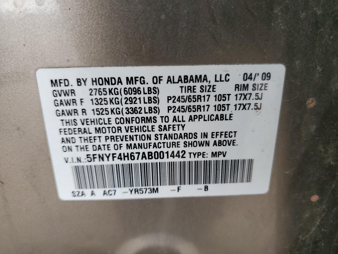 Photo 13 VIN: 5FNYF4H67AB001442 - HONDA PILOT 