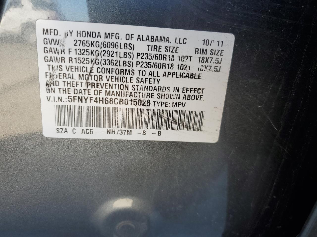 Photo 11 VIN: 5FNYF4H68CB015028 - HONDA PILOT 