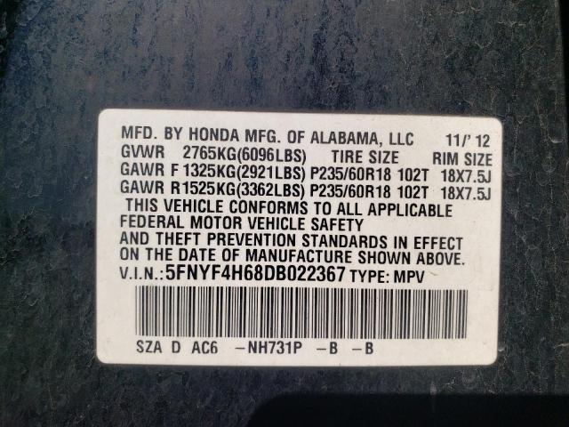 Photo 9 VIN: 5FNYF4H68DB022367 - HONDA PILOT EXL 