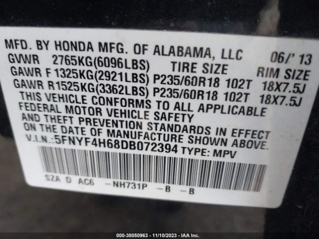 Photo 8 VIN: 5FNYF4H68DB072394 - HONDA PILOT 