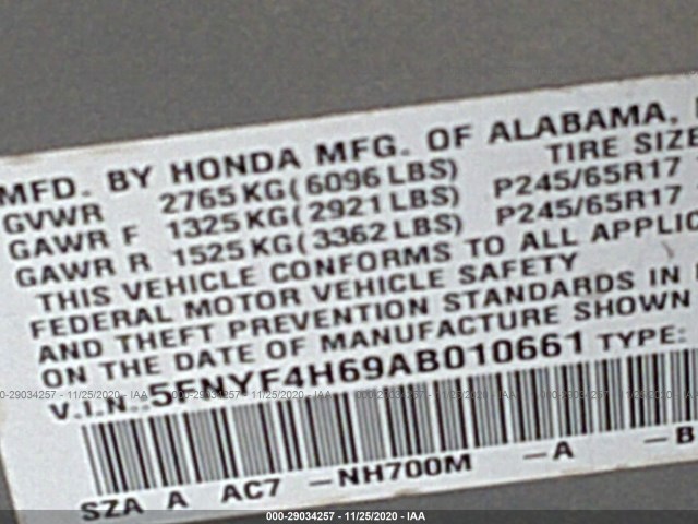 Photo 8 VIN: 5FNYF4H69AB010661 - HONDA PILOT 