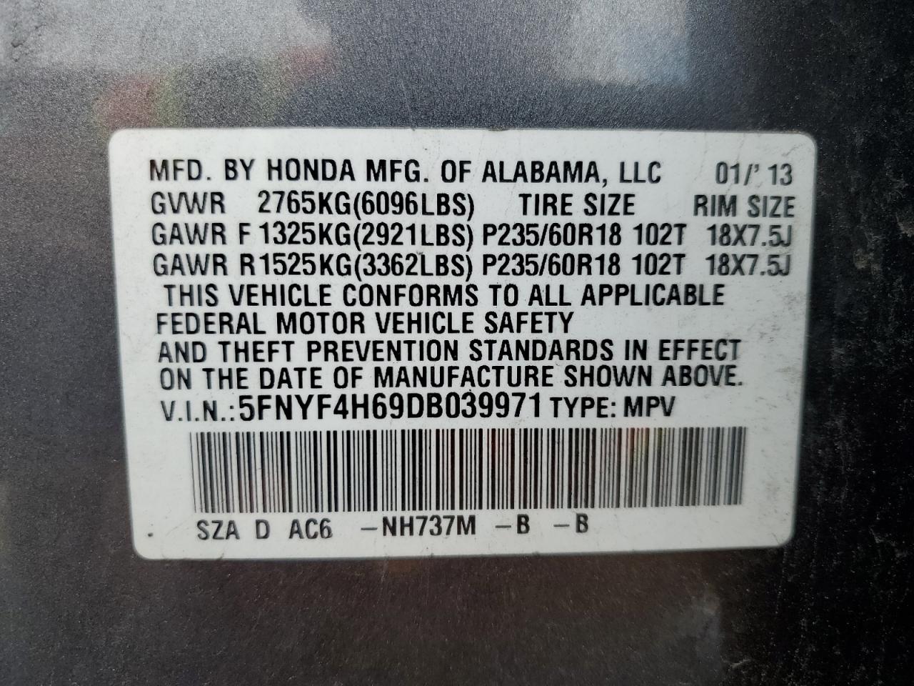 Photo 12 VIN: 5FNYF4H69DB039971 - HONDA PILOT 