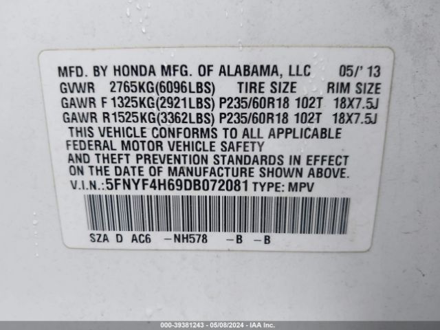 Photo 8 VIN: 5FNYF4H69DB072081 - HONDA PILOT 