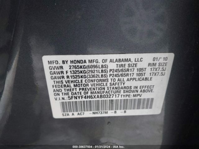 Photo 8 VIN: 5FNYF4H6XAB032717 - HONDA PILOT 