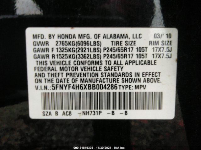 Photo 8 VIN: 5FNYF4H6XBB004286 - HONDA PILOT 