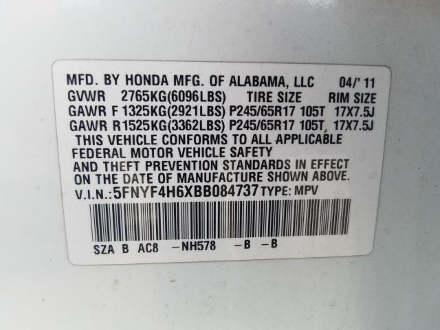 Photo 9 VIN: 5FNYF4H6XBB084737 - HONDA PILOT EXL 