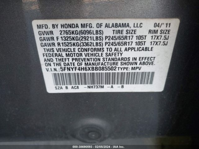 Photo 8 VIN: 5FNYF4H6XBB085502 - HONDA PILOT 