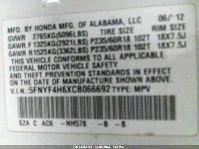 Photo 8 VIN: 5FNYF4H6XCB066692 - HONDA PILOT 