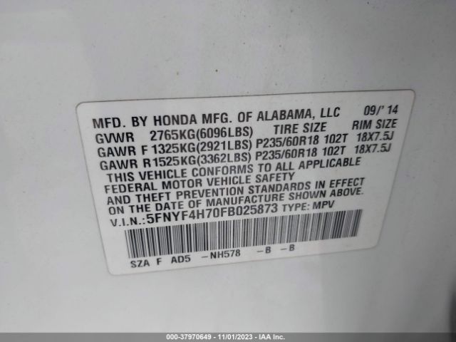 Photo 8 VIN: 5FNYF4H70FB025873 - HONDA PILOT 