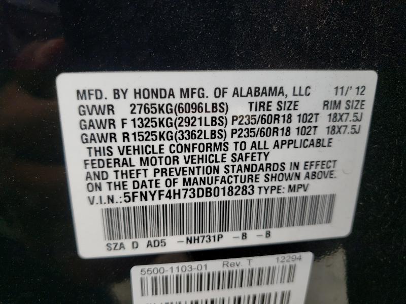 Photo 9 VIN: 5FNYF4H73DB018283 - HONDA PILOT EXLN 